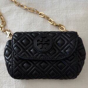 Tory Burch Black Quilted Mini Bag with Gold Chain